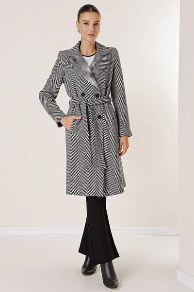By Saygı Double Breasted Collar Inside Lined Side Pockets Belted Waist Herringbone Imported Stash Coat