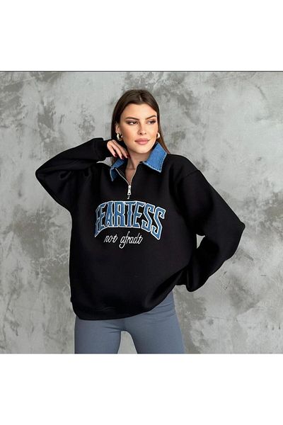 Trandiva Moda Unisex Black Stand Collar Oversize 3 Thread Raised Sweatshirt