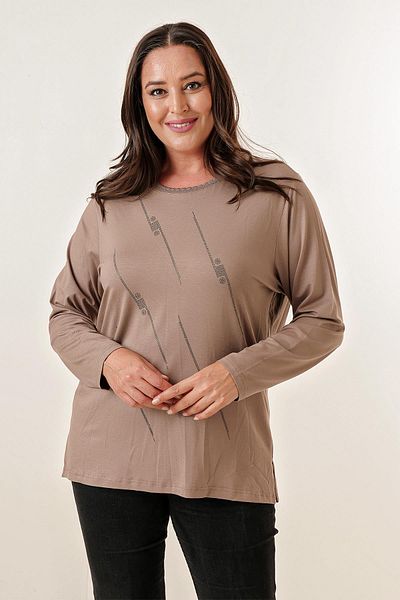 By Saygı Collar Embroidered Front Cross Stone Print Long Sleeve Plus Size Blouse