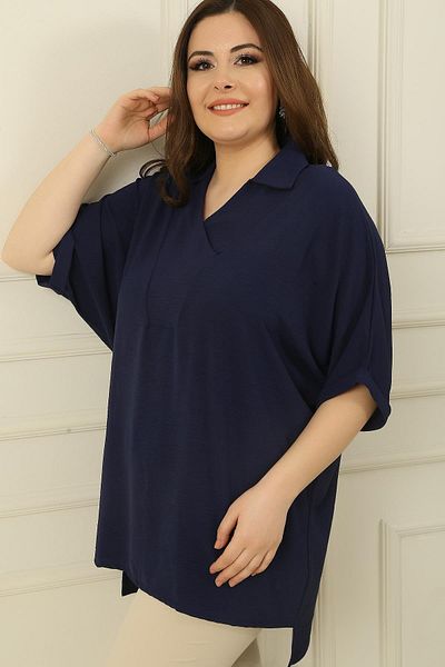By Saygı Double Breasted Polo Neck Short Sleeve Ayrobin Plus Size Blouse