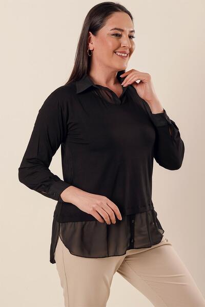 By Saygı Μπλούζα με σιφόν με λεπτομέρεια γιακά πουκάμισου, χαλαρή εφαρμογή σε μεγάλο μέγεθος