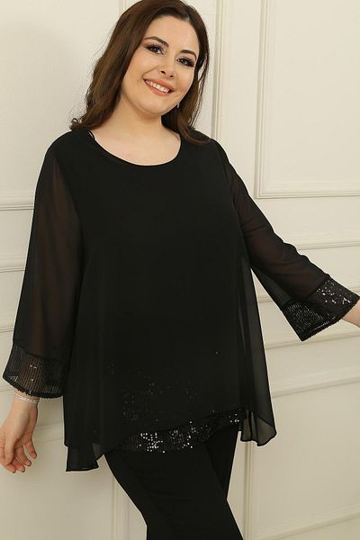 By Saygı Women's Oversized Chiffon Blouse with Collar Cuff and Sequin Inside