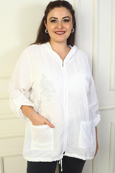 By Saygı Large Size Hooded, Zippered and Double Pocket Circle Patterned Washable Jacket