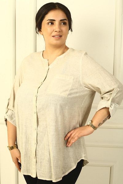 By Saygı Plus Size Linen Shirt - Buttoned, Sequin Detailed, Double Pocket and Sleeve Fold