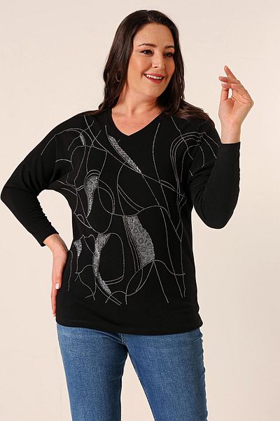 By Saygı V-Neck Stone Printed Bat Sleeve Plus Size Strawberry Blouse