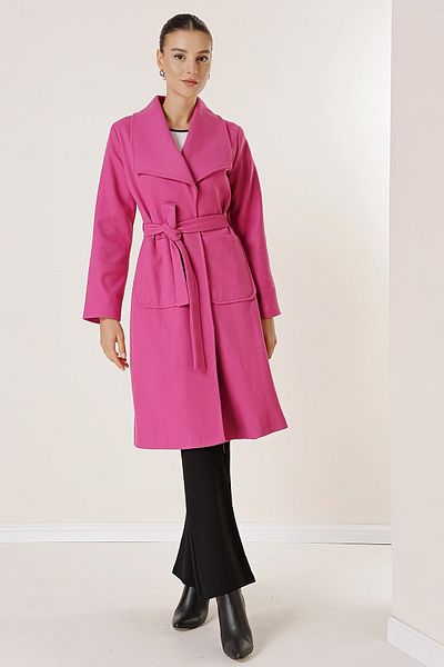 By Saygı Imported Stamp Coat with Handkerchief Collar, Lined Waist Belt and Bag Pockets