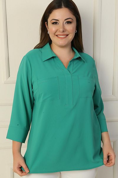 By Saygı Pocketed Polo Neck Quarter Sleeve Blouse - B.B.