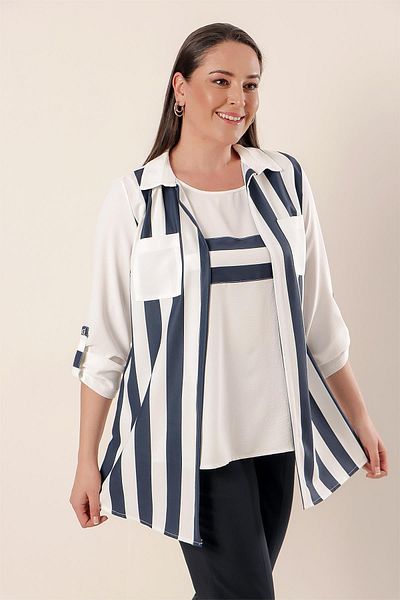 By Saygı Sleeve Fold Pocket Stripe Neck Jacket Transverse Stripe Blouse Plus Size Viscose 2-Piece Set