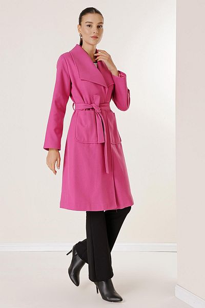 By Saygı Imported Stamp Coat with Handkerchief Collar, Lined Waist Belt and Bag Pockets