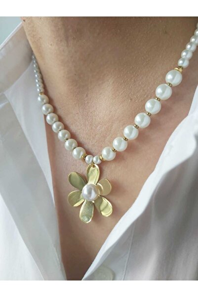 DEVİ fashion Steel Flower End Design Pearl Necklace