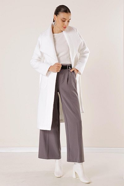 By Saygı Belted Waist Bag Pocket Lined Felt Boucle Coat