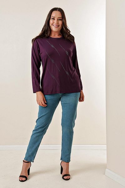 By Saygı Collar Embroidered Front Cross Stone Print Long Sleeve Plus Size Blouse