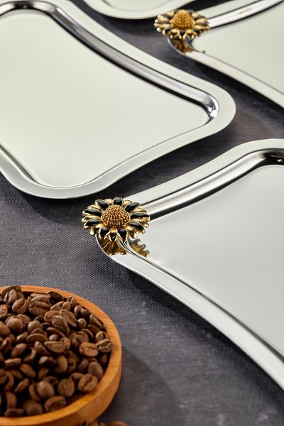 Milenay Fiore Nero Handle Patterned Chrome Presentation Tray - 25X15Cm, 6 Pieces