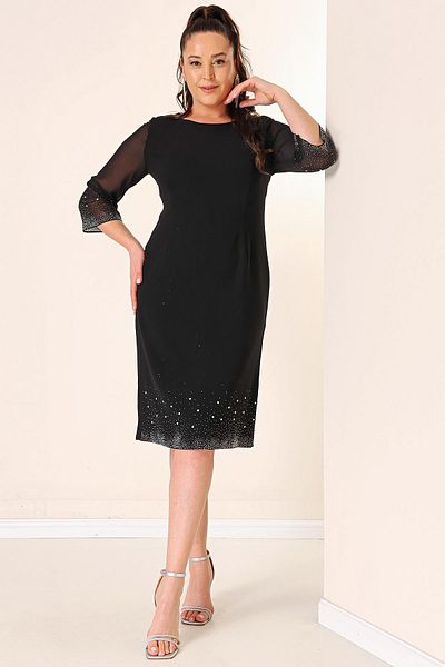 By Saygı Large Size Lined Dress with Stone Detail on Sleeves and Skirts