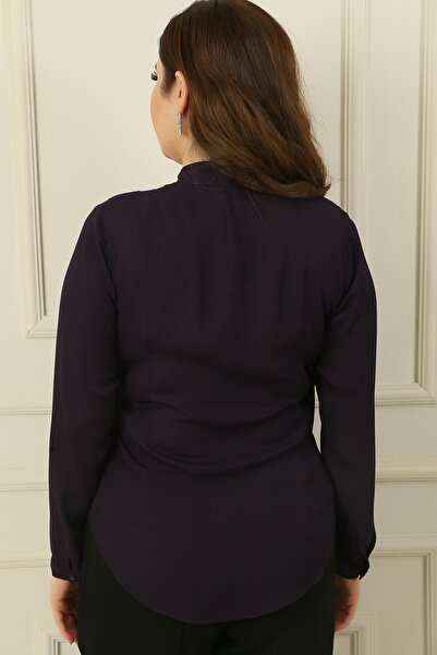 By Saygı Double Breasted Collar Pleated Crepe Chiffon Plus Size Blouse