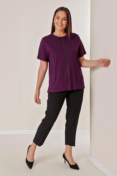 By Saygı Short Sleeve Plus Size Blouse with Vertical Stone Print on the Front