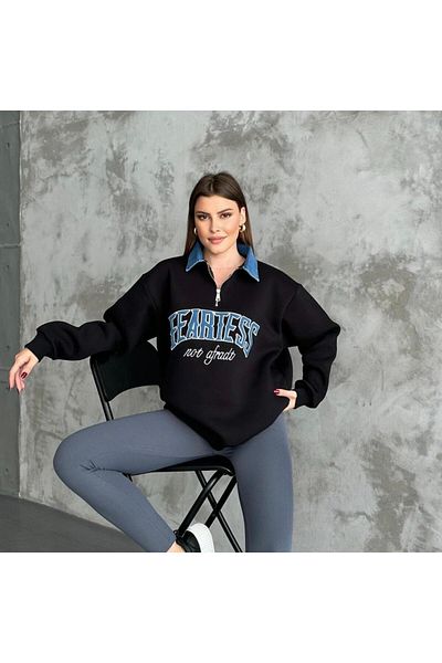 Trandiva Moda Unisex Black Stand Collar Oversize 3 Thread Raised Sweatshirt