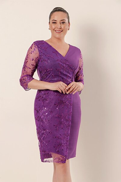 By Saygı One Side Sleeves Lace Plus Size Evening Dress