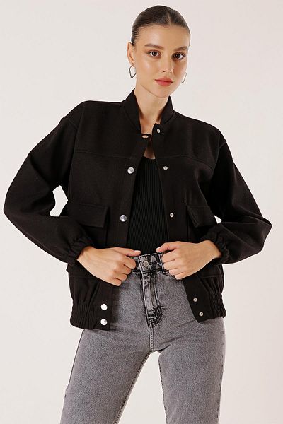 By Saygı Stamped Bomber Coat with Elastic Waist Bag Pocket