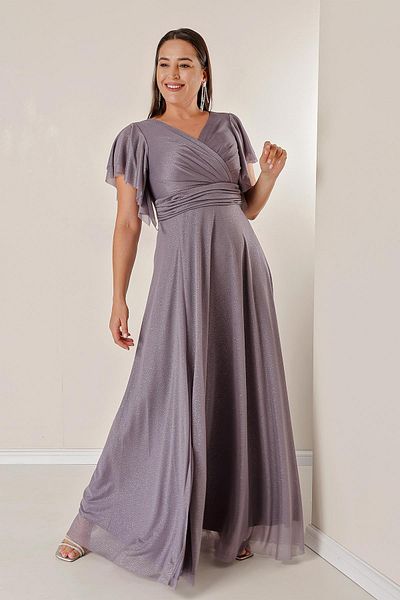 By Saygı Double Breasted Neckline Front Draped Lined Sleeves Flounce Slit Plus Size Long Lurex Dress