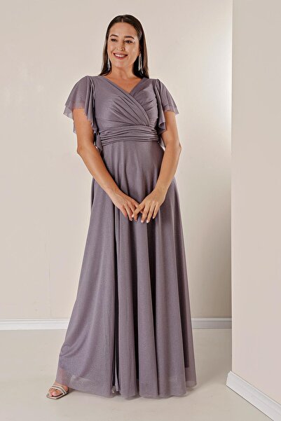 By Saygı Double Breasted Neckline Front Draped Lined Sleeves Flounce Slit Plus Size Long Lurex Dress