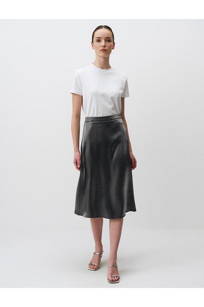 Jimmy Key Silver Regular Waist Shiny Midi Satin Skirt