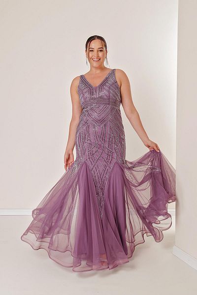 By Saygı Jewelled Embroidered V-Neck Long Tulle Dress - Plus Size