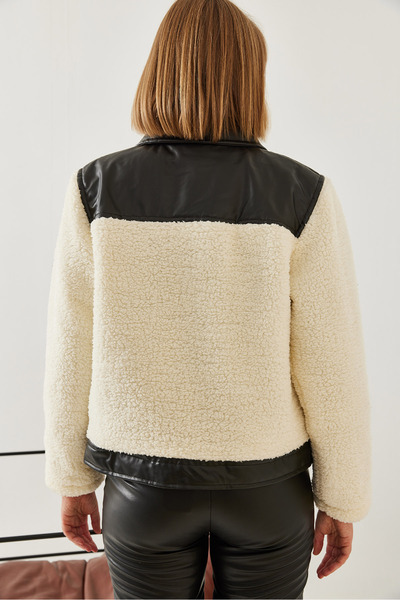 Bianco Lucci Damen-Plüschmantel aus Leder mit detaillierten Details HK-027 60351218