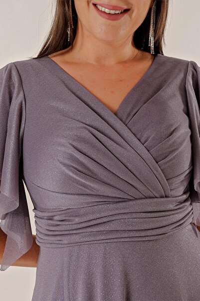 By Saygı Double Breasted Neckline Front Draped Lined Sleeves Flounce Slit Plus Size Long Lurex Dress