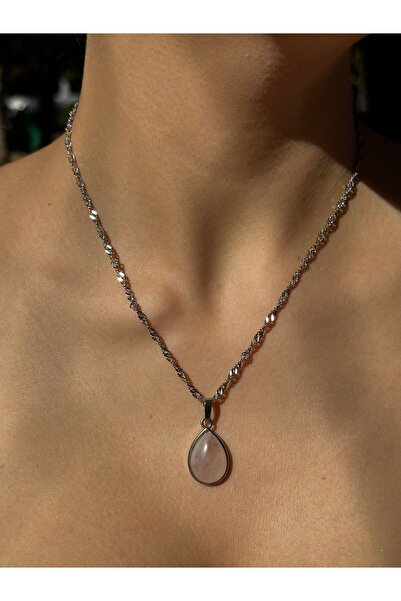 Pure Gem Pembe Kuvars Damla Taş Gümüş Kaplama Doğal Taş Kolye