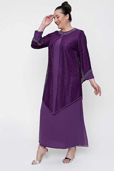 By Saygı Long Sleeve Lined Plain Dress Collar and Sleeves Beaded Guipure Detailed Jacket Plus Size 2 Piece Suit