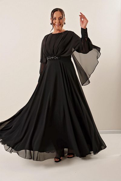 By Saygı Plus Size Chiffon Dress with Beaded Waist and Gathered Front Lining