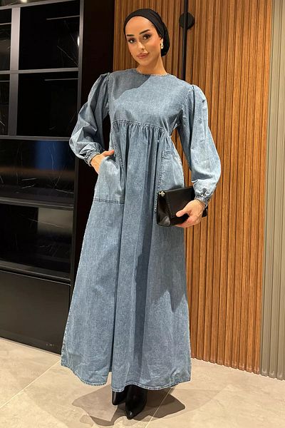 julude Blue Balloon Sleeve Jean Jeans Hijab Dress
