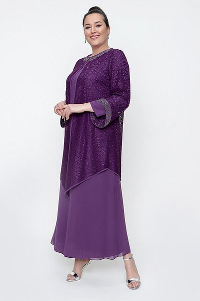 By Saygı Long Sleeve Lined Solid Dress Collar and Sleeves Beaded Guipure Detailed Jacket Plus Size 2-Piece Set