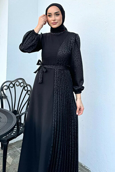 julude Μαύρο γυναικείο φόρεμα με πλισέ χιτζάμπ με λεοπάρ σχέδιο