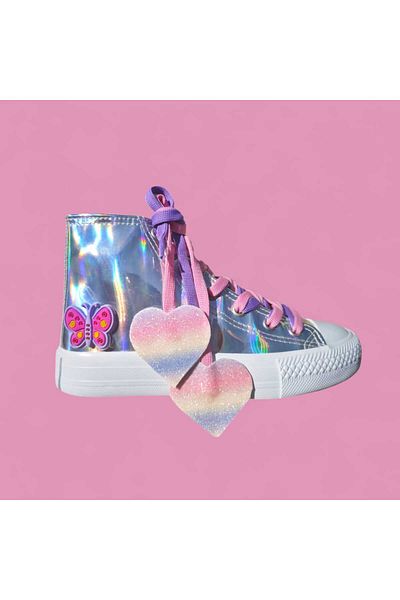 LİASSHOES Silver Butterfly Silicone Detail Heart Lace-Up Children's Sneakers Sneakers