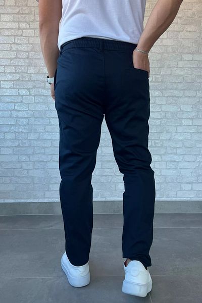 MİSHAR İTALİA Navy Blue Men's Elastic Waist Lace-Up Gabardine Trousers