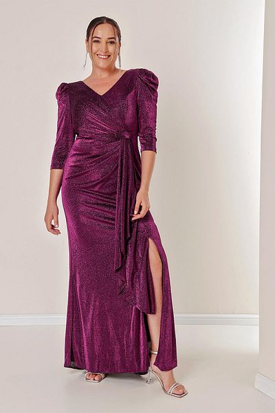 By Saygı Three Quarter Sleeve Flounce Front Lined Glittery Plus Size Long Dress