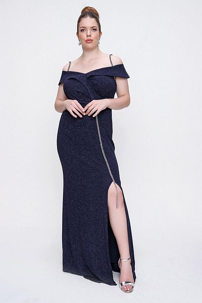 By Saygı Rochie lungă de mărime mare, cu bretele din frânghie, cu fantă în față, căptușită