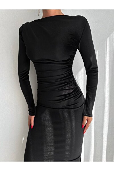 ELBEY Sametové dlouhé šaty s dlouhým rukávem vpředu