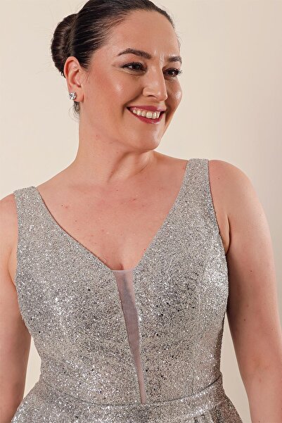 By Saygı Front Back V-Neck Lining Plus Size Long Dress with Mirror