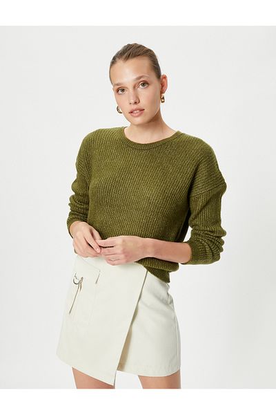 Koton Basic-Pullover, gestrickt, Rundhalsausschnitt, niedrige Schulter, gerippt