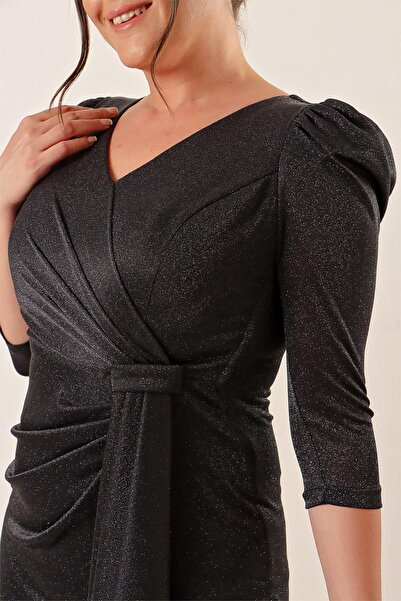 By Saygı Długa sukienka w dużych rozmiarach, z falbanką i rękawami 3/4, z podszewką i brokatem