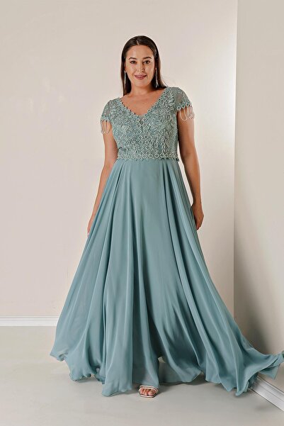By Saygı Plus Size Chiffon Long Dress with Front Back V-Neck Bead Guipure Detail