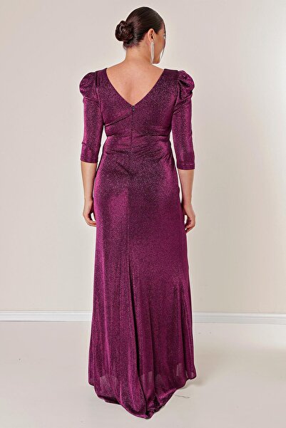By Saygı Three Quarter Sleeve Flounce Front Lined Glittery Plus Size Long Dress