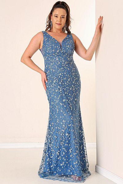 By Saygı Front Back V-neck Lined Jewelled Large Size Long Fish Dress