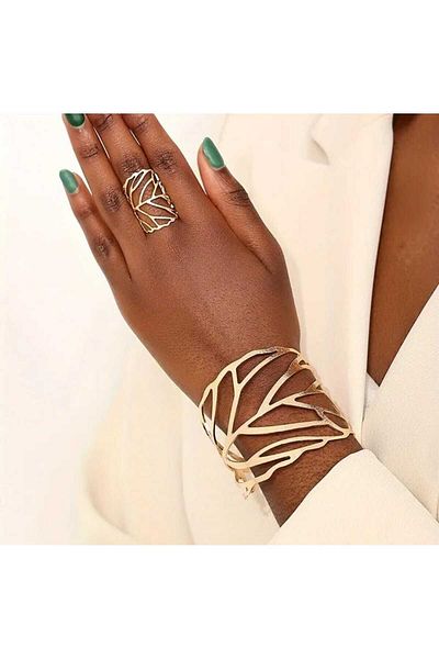 Beyna Gold Plated Leaf Pattern Bracelet and Ring Set Gift for Lover Gift for Mother