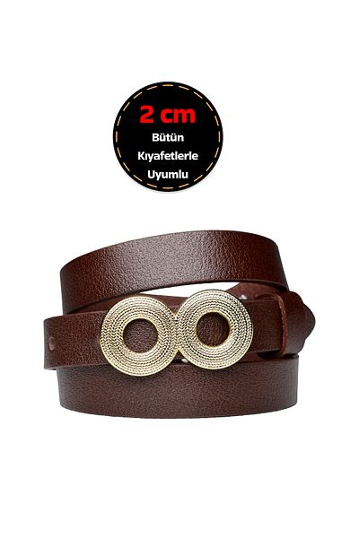 GoDeri Gold Colored Buckle 2 cm Dark Brown 100% Genuine Leather Women's Belt - Gözov