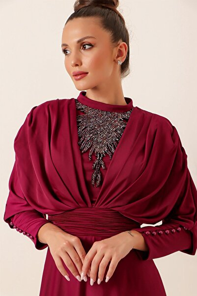 By Saygı Satin Long Dress with Gathered Sleeves, Button Detail, Lined and Beaded Front