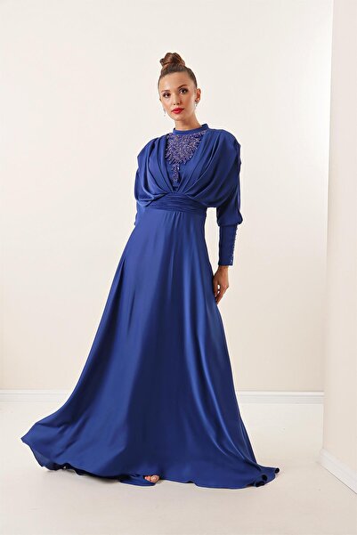 By Saygı Satin Long Dress with Gathered Sleeves, Button Detail, Lined and Beaded Front
